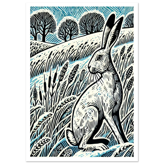 Linocut-inspired print of a white hare in a snowy countryside setting. Calm, simple, and full of winter atmosphere.