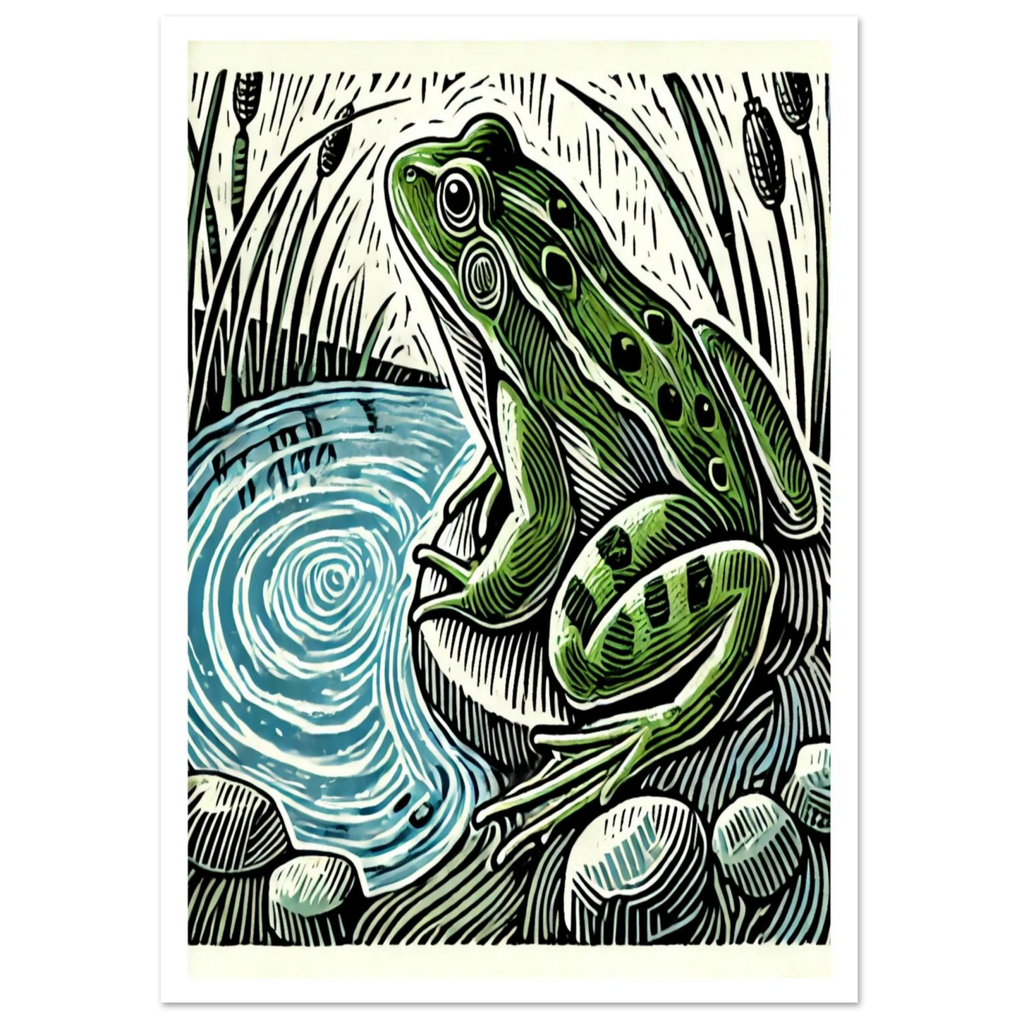 Linocut-inspired wildlife art print of a green frog by a pond, with detailed ripples and plant life.