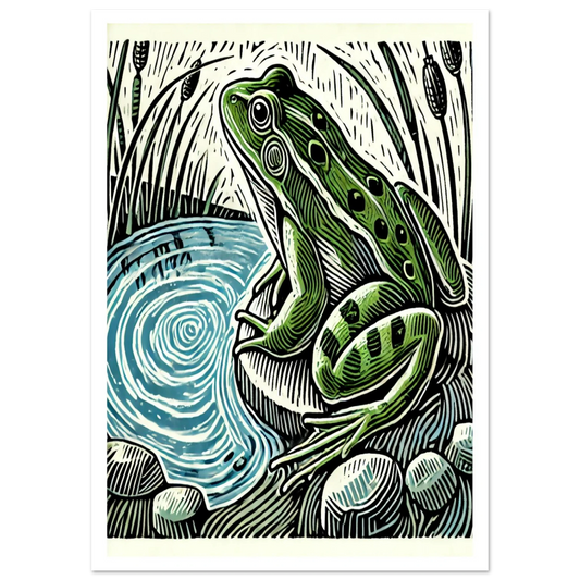 Linocut-inspired wildlife art print of a green frog by a pond, with detailed ripples and plant life.