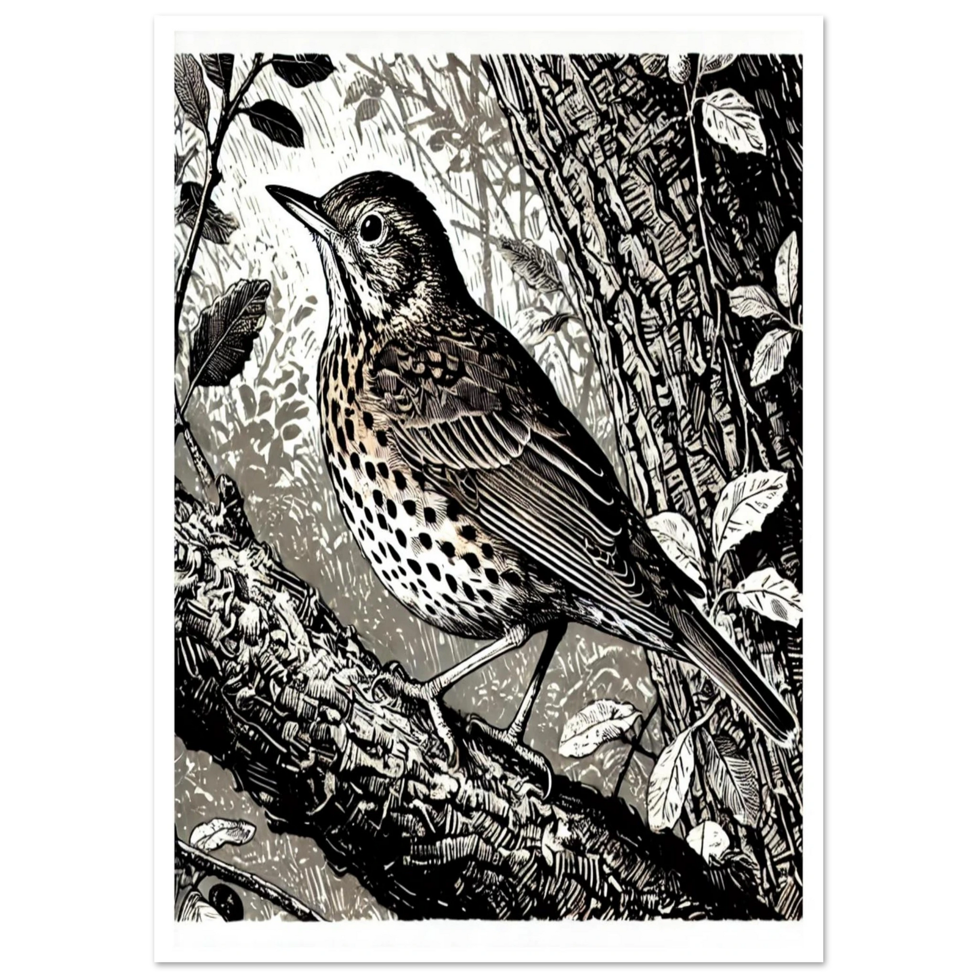 This artwork captures the Song Thrush in its natural woodland setting, highlighting the bird’s distinctive markings and posture.