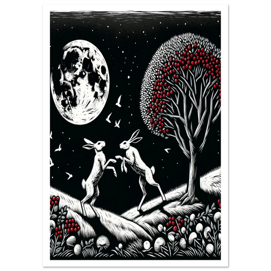 White Hares boxing in Moonlight next to a red berry tree