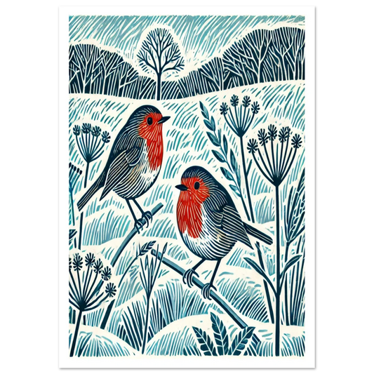 A linocut-style art print of two robins in a wintry open landscape, with frosty fields and hedgerows.