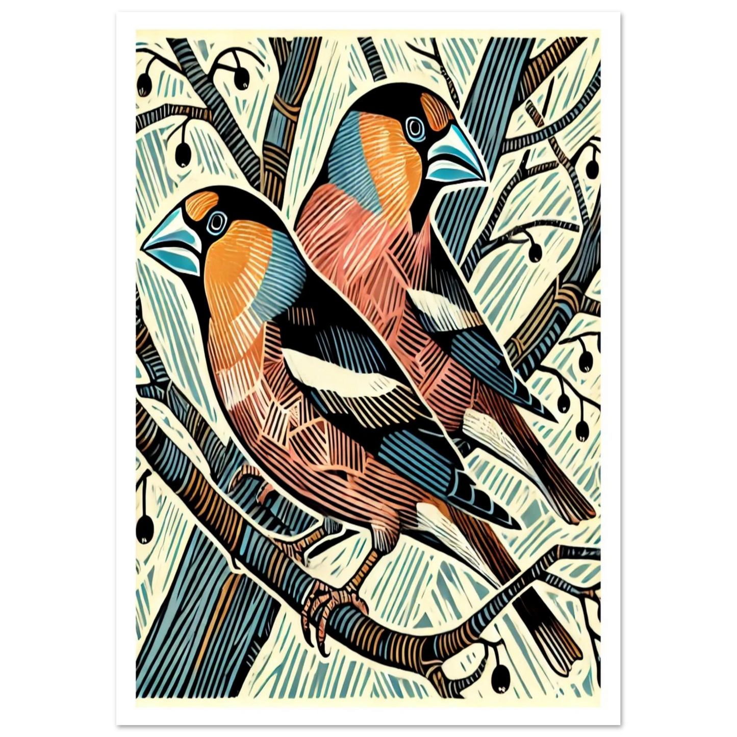 Rare and beautiful, the two Hawfinchs iare captured here in rich colour and fine detail. Perched among skeletal trees with hints of berries,