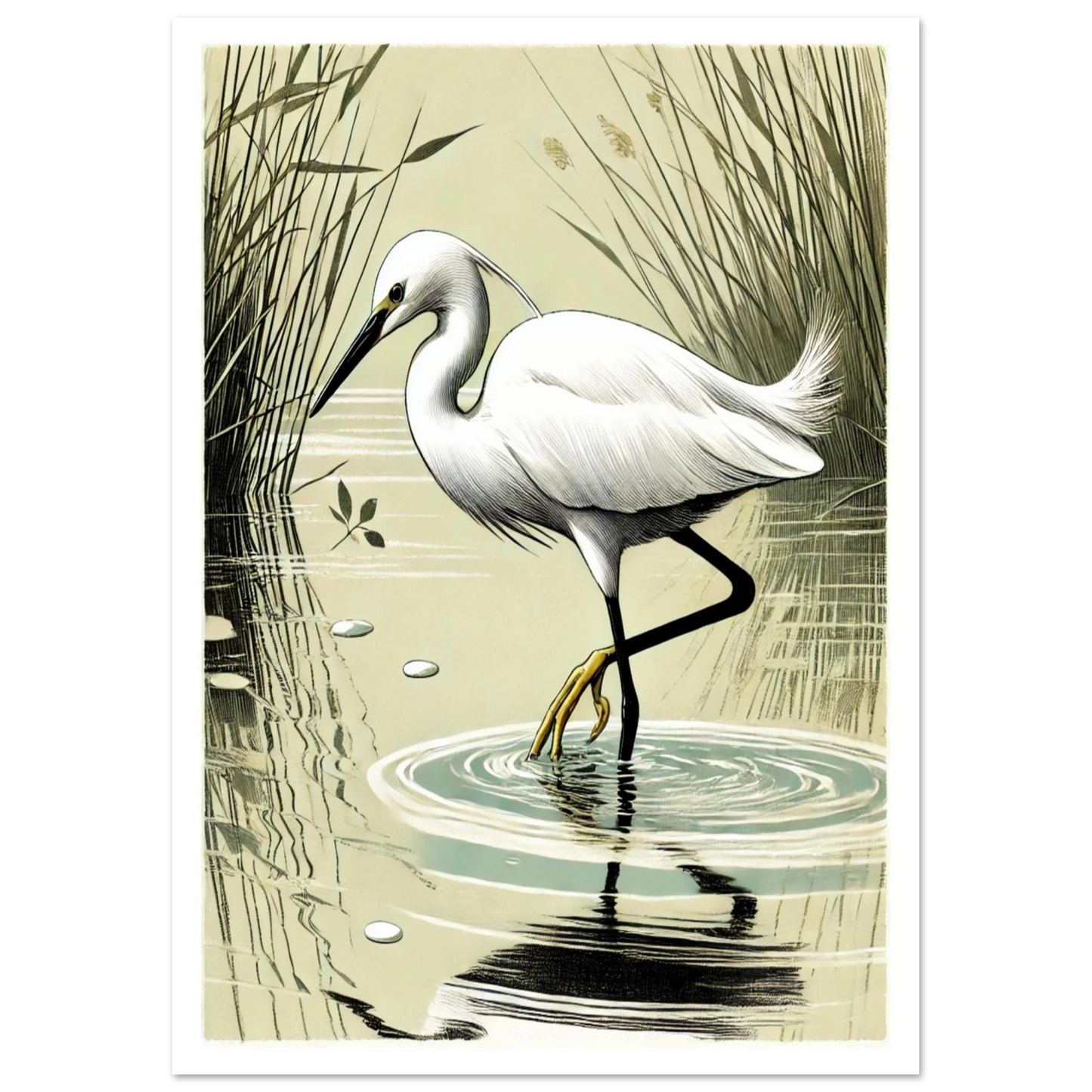 Egret Fishing captures the quiet elegance of a white egret wading through reeds and shallow water. In linocut-inspired detail, this artwork highlights grace, balance, and natural beauty.