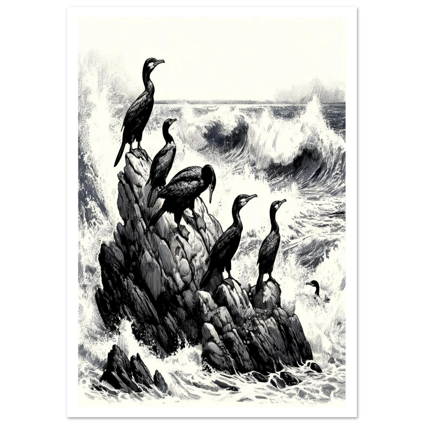 Cormorants on Rock is a striking wildlife art print, depicting seabirds against a backdrop of storm waves. In bold linocut style, it captures the drama and resilience of the sea.