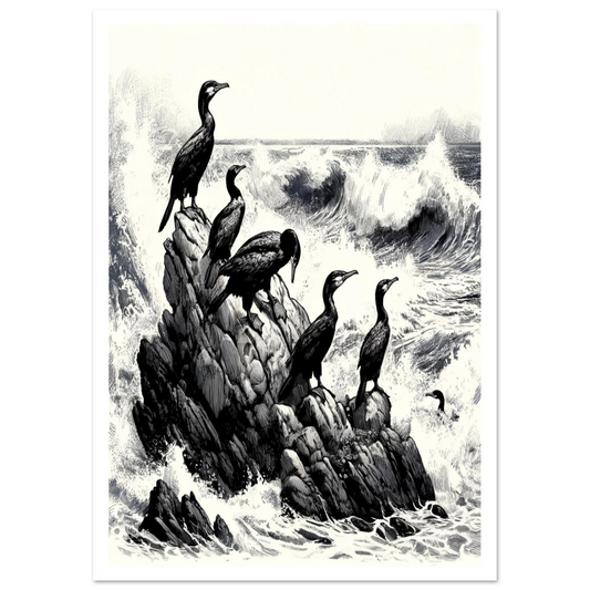 Cormorants on Rock is a striking wildlife art print, depicting seabirds against a backdrop of storm waves. In bold linocut style, it captures the drama and resilience of the sea.