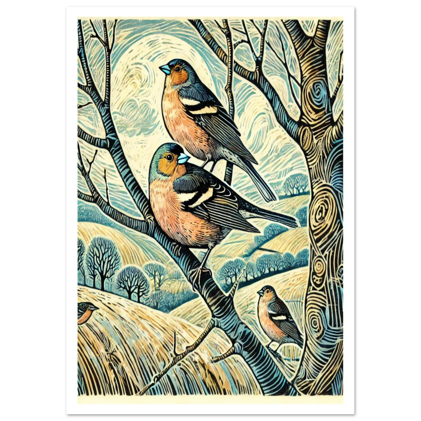 This detailed linocut-style print shows a pair of Chaffinches perched in a lively hedgerow, with sweeping countryside in the background.