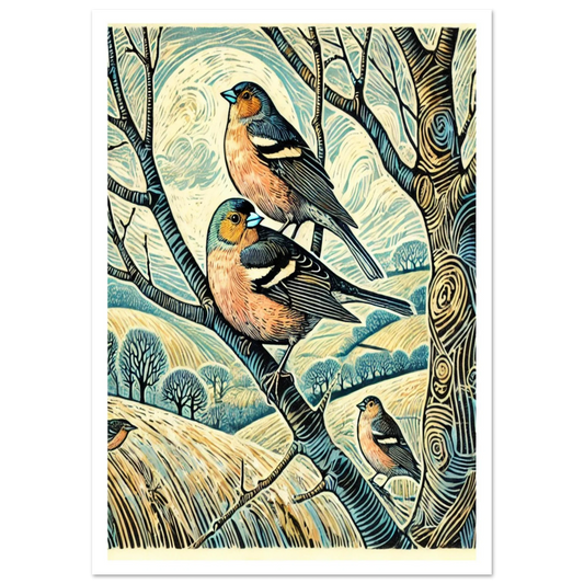 This detailed linocut-style print shows a pair of Chaffinches perched in a lively hedgerow, with sweeping countryside in the background.