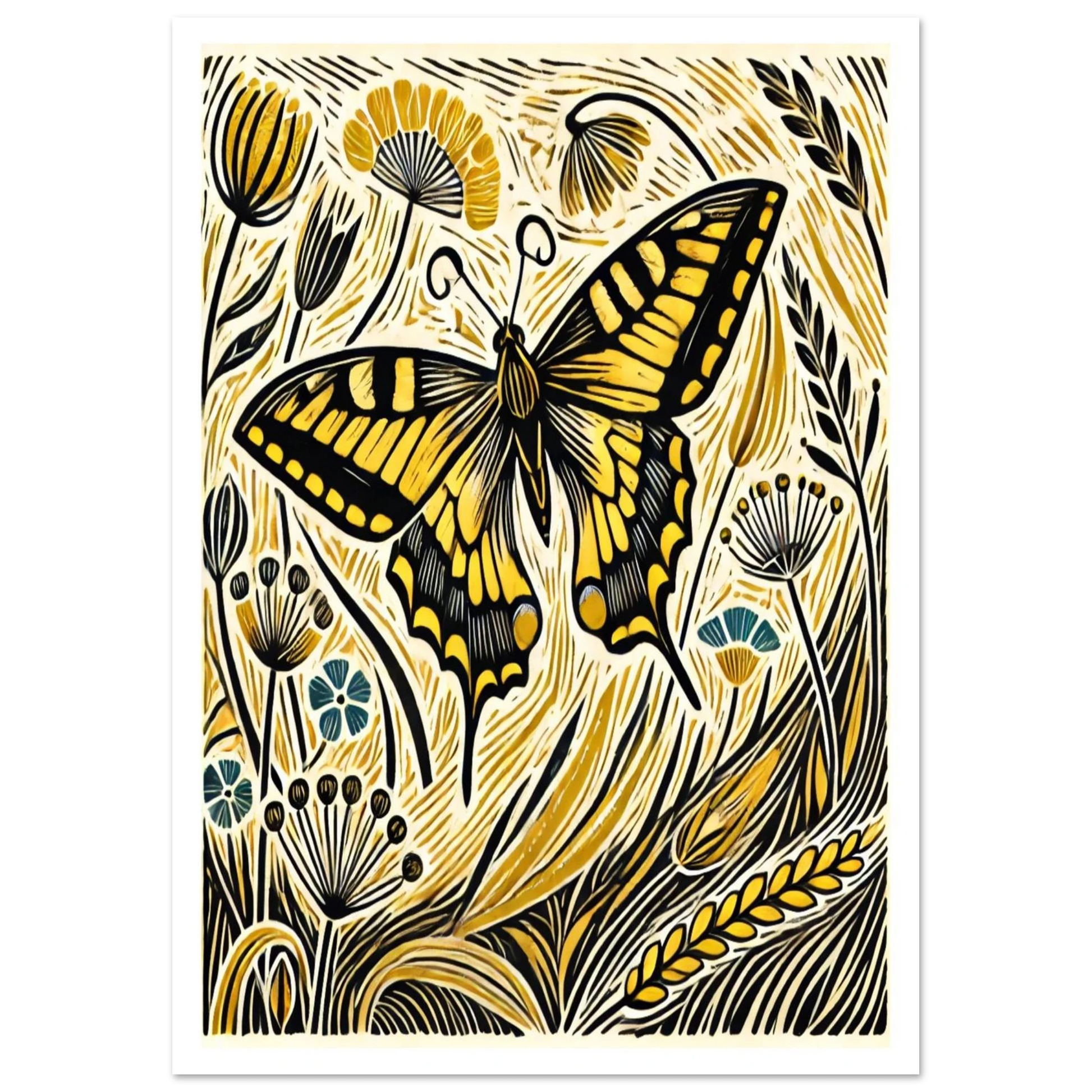 With bold yellow wings edged in black, the Swallowtail is Britain’s largest butterfly. This detailed print celebrates its beauty in a swirl of wildflowers and grasses, capturing the drama and delicacy of the natural world.