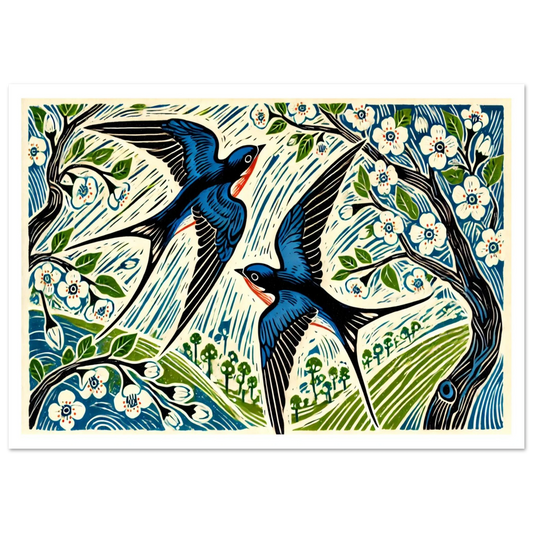 Swallows in Spring is a joyful wildlife print in linocut style, showing two swallows darting between blossoming branches. Perfect for celebrating renewal and countryside charm.