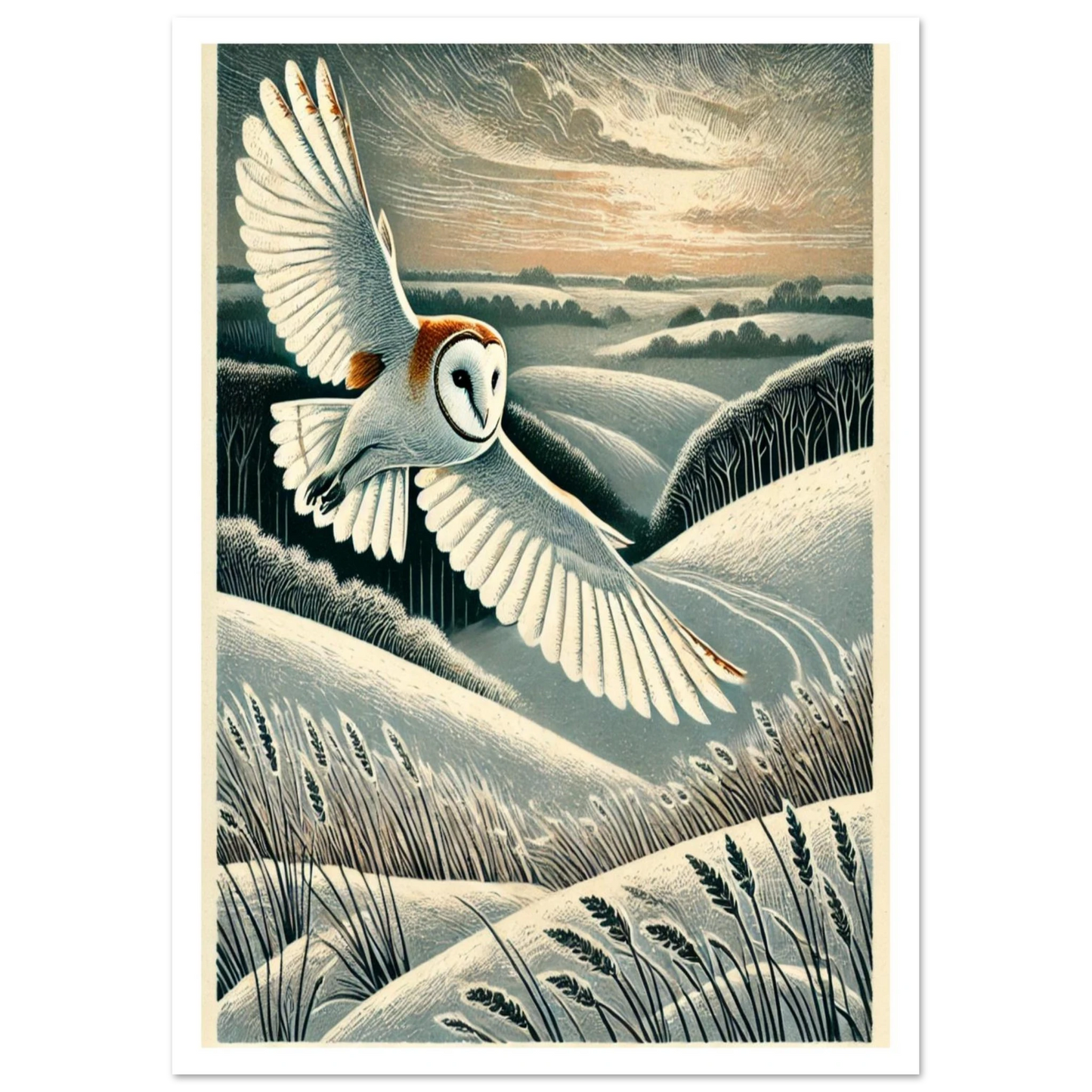 Linocut-style art print of a barn owl in flight across snowy hills at dusk. A graceful and timeless countryside scene.