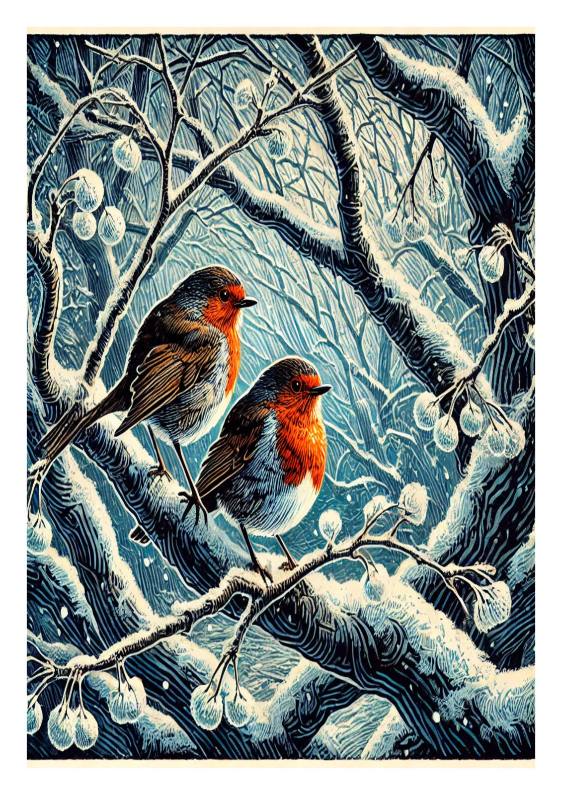 Two Robins in Snowy Tree