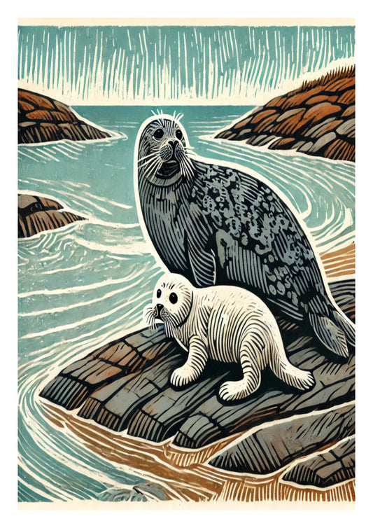 Grey Seal and Pup captures the gentle bond between mother and pup, set against rugged coastlines and rolling tides. In linocut style, it celebrates the beauty of British marine life.