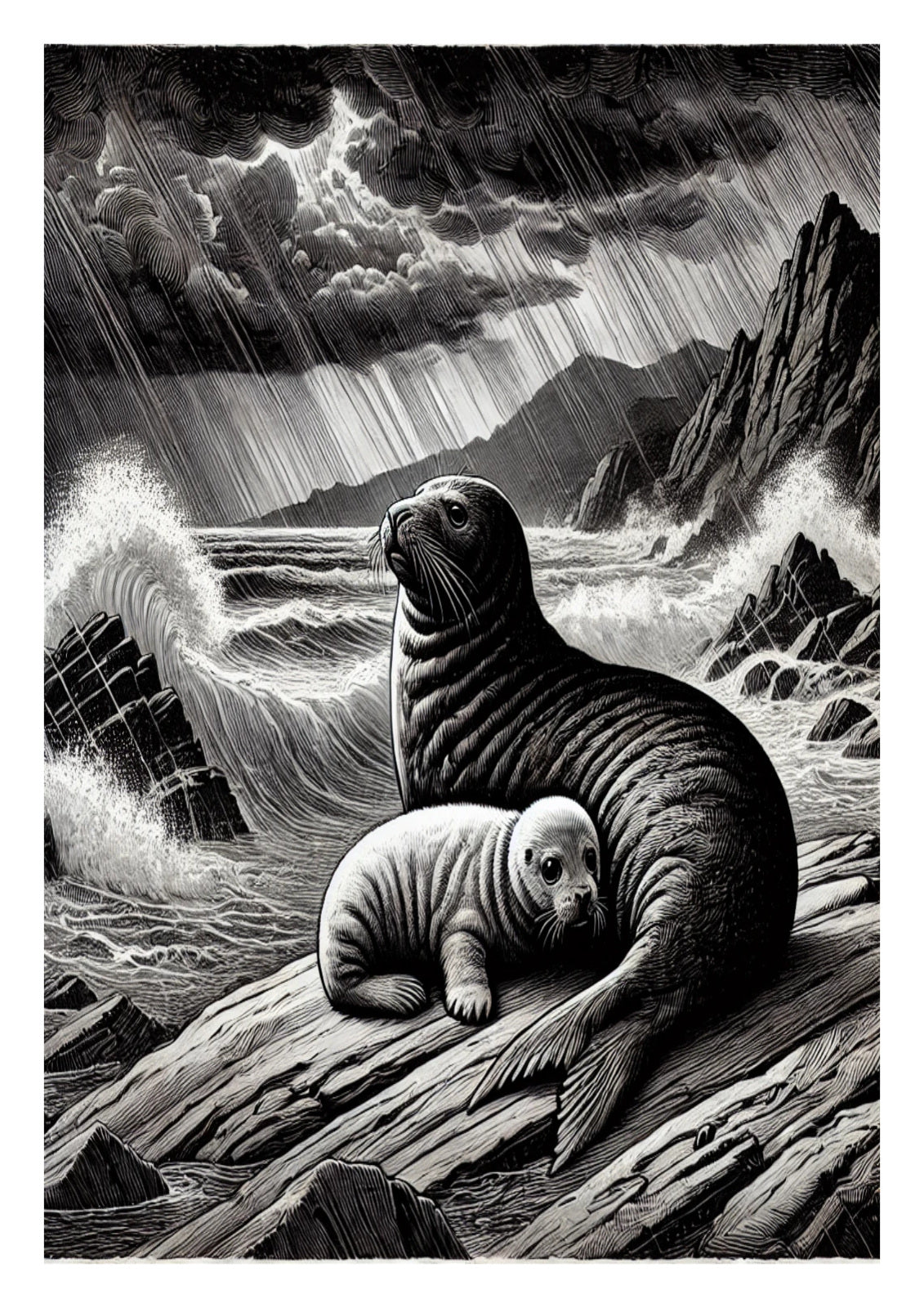 Mother and Baby Seal in Storm
