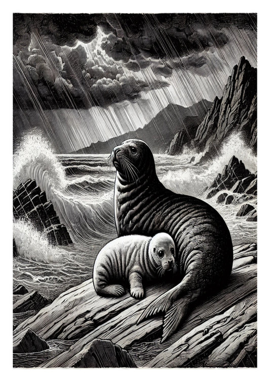 Two seals mother and pup sheltering on a rocky outcrop with a stormy sea and sky in the background