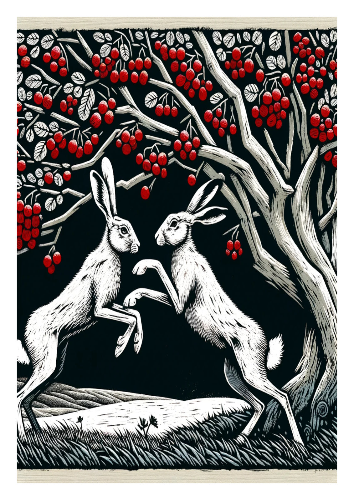 White Hares Boxing in Moonlight