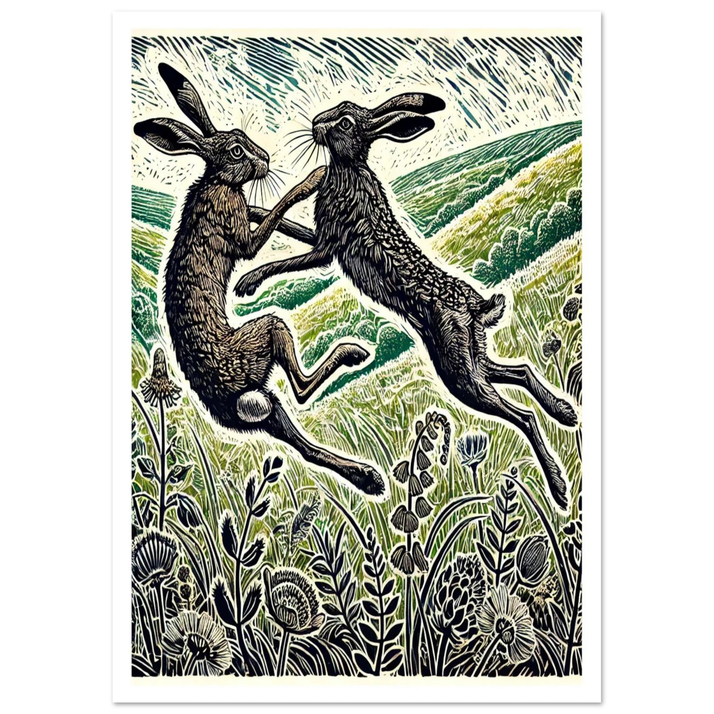 Two Brown Hares Boxing  in a green meadow