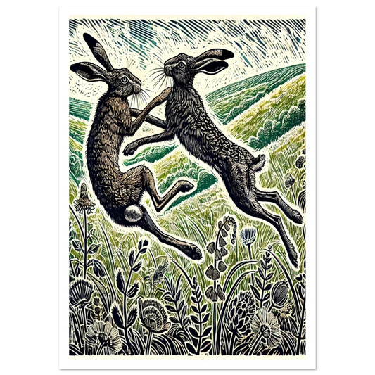 Two Brown Hares Boxing  in a green meadow