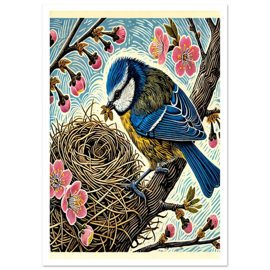 This hand-crafted artwork captures the beauty of a Blue Tit gathering materials for its nest, framed by delicate cherry blossom.