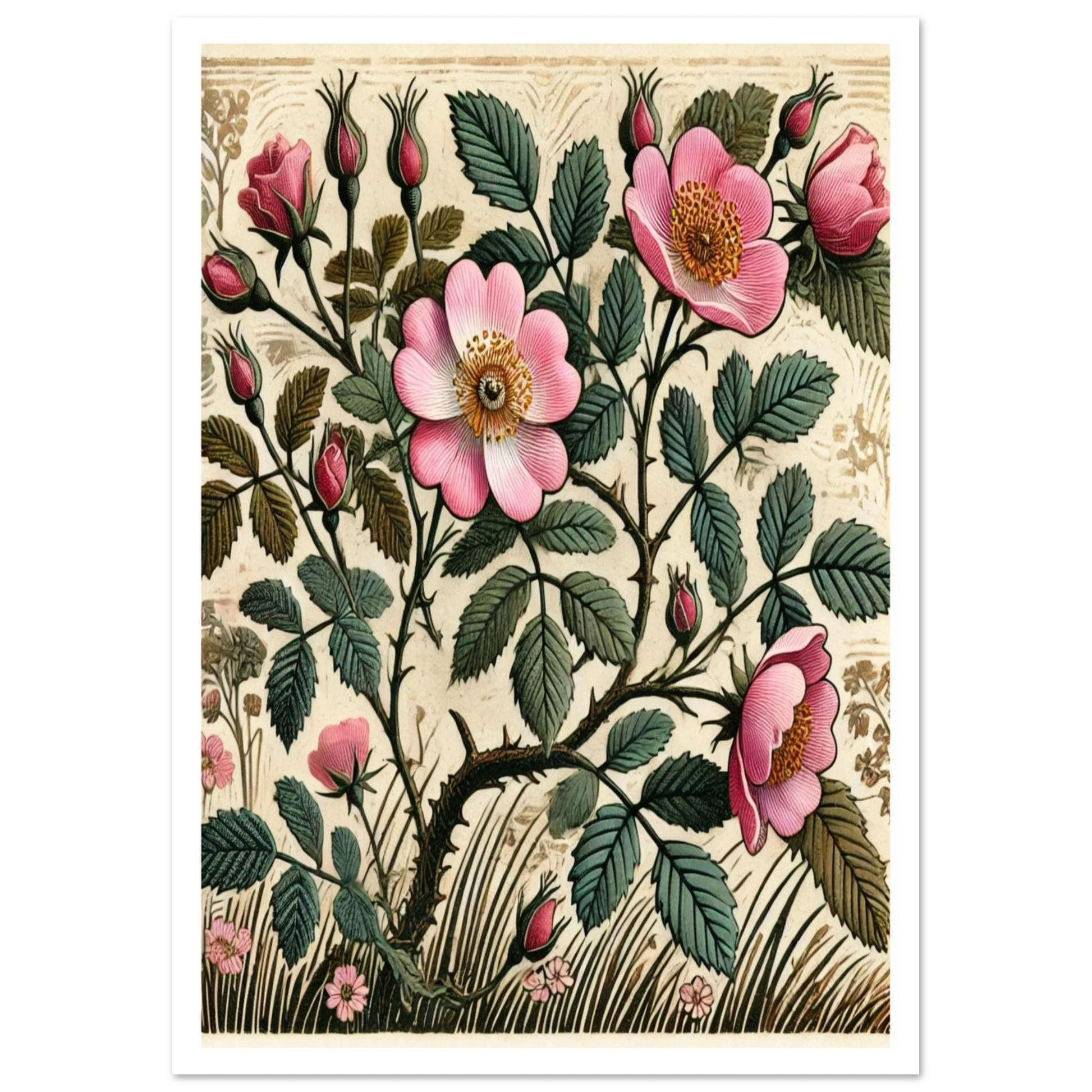 This artwork captures the timeless beauty of the Dog Rose, with its soft pink petals and thorny stems. A true symbol of the English hedgerow, it brings a sense of summer meadows and country walks indoors