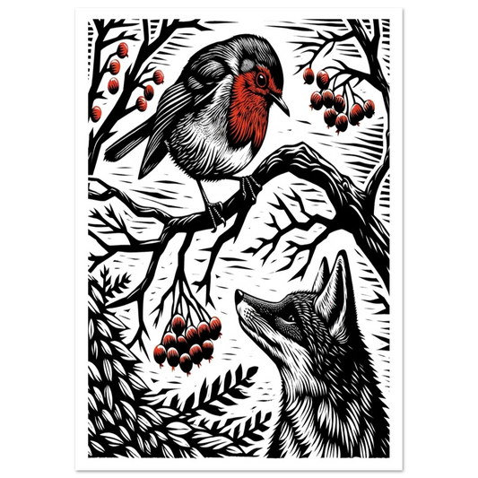 Robin and Fox Staring is a bold black-and-red wildlife print, showing a fox gazing up at a robin perched above. With strong linocut style, it captures a fleeting woodland moment.