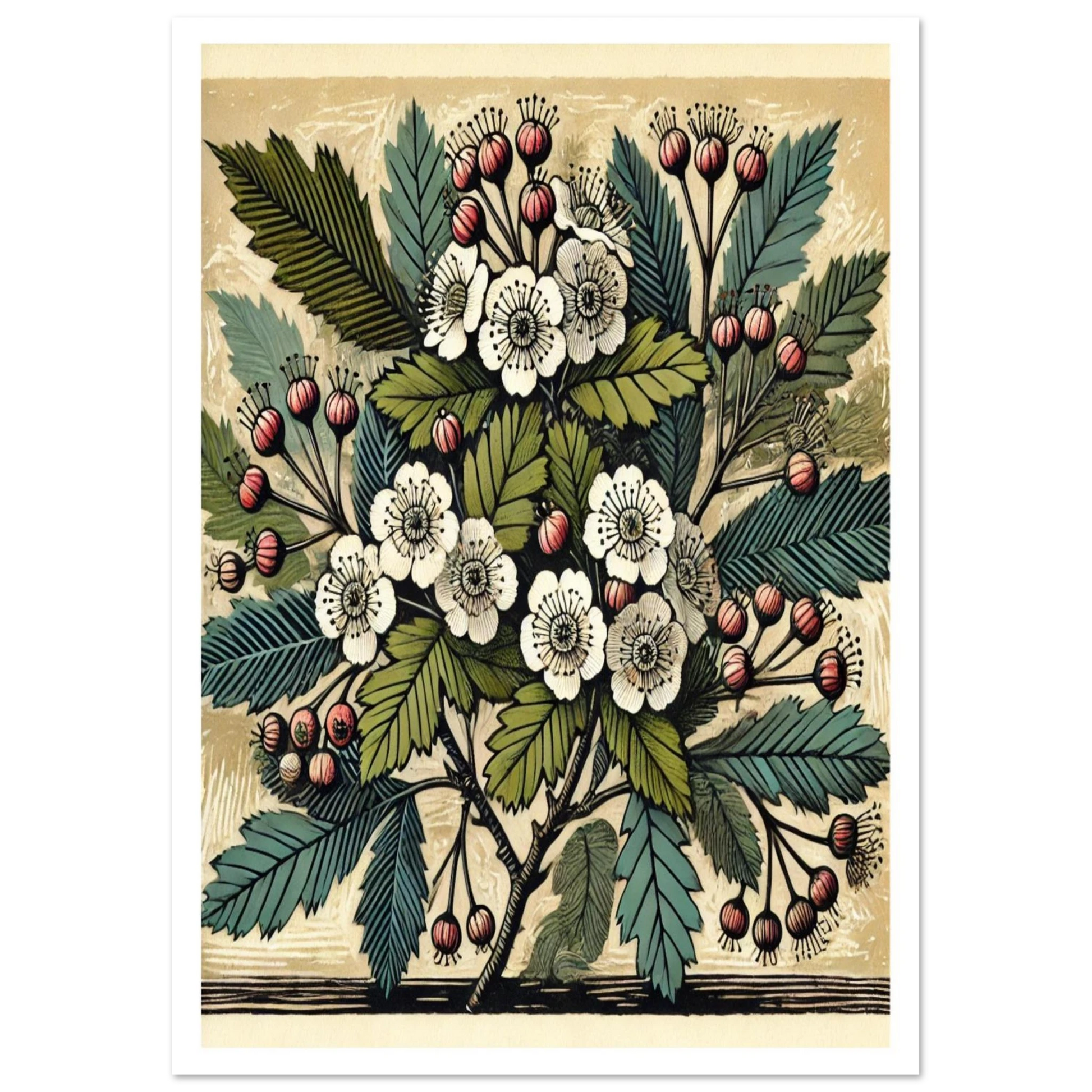Known as the “May tree,” Hawthorn is celebrated in this richly textured linocut-style artwork. With creamy blossoms and bright red berries, it’s a perfect reflection of spring and summer hedgerows.
