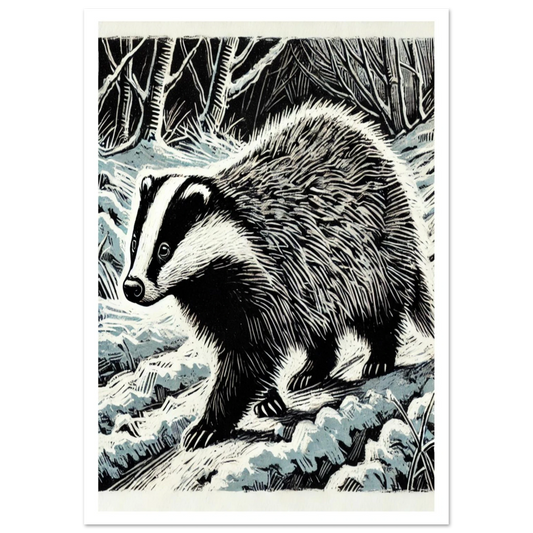A linocut-inspired art print of a badger walking through a frosty woodland.