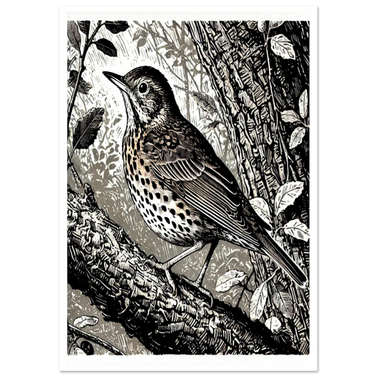 This artwork captures the Song Thrush in its natural woodland setting, highlighting the bird’s distinctive markings and posture. 