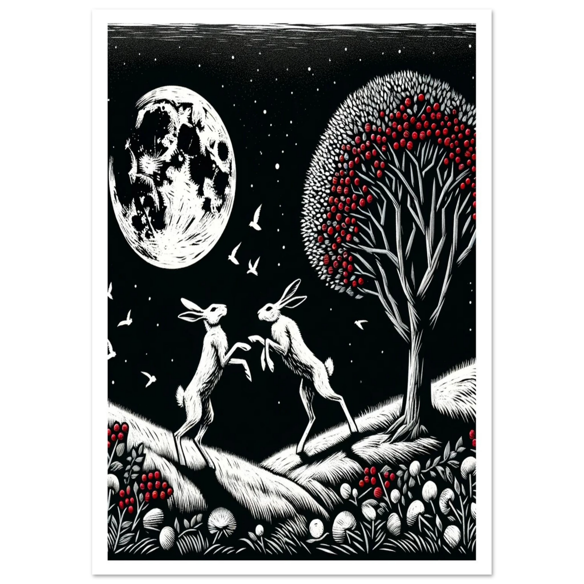 White Hares boxing in Moonlight next to a red berry tree