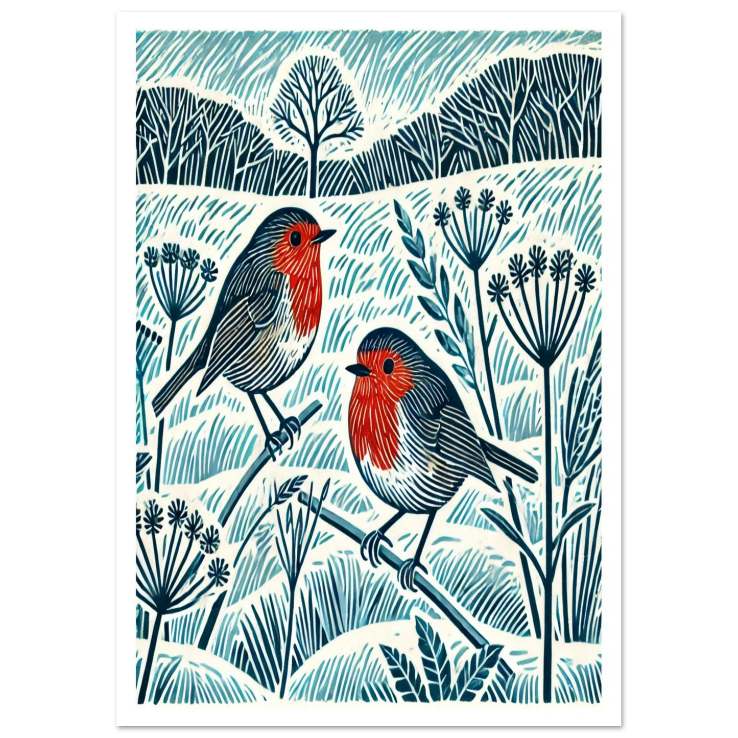 A linocut-style art print of two robins in a wintry open landscape, with frosty fields and hedgerows.
