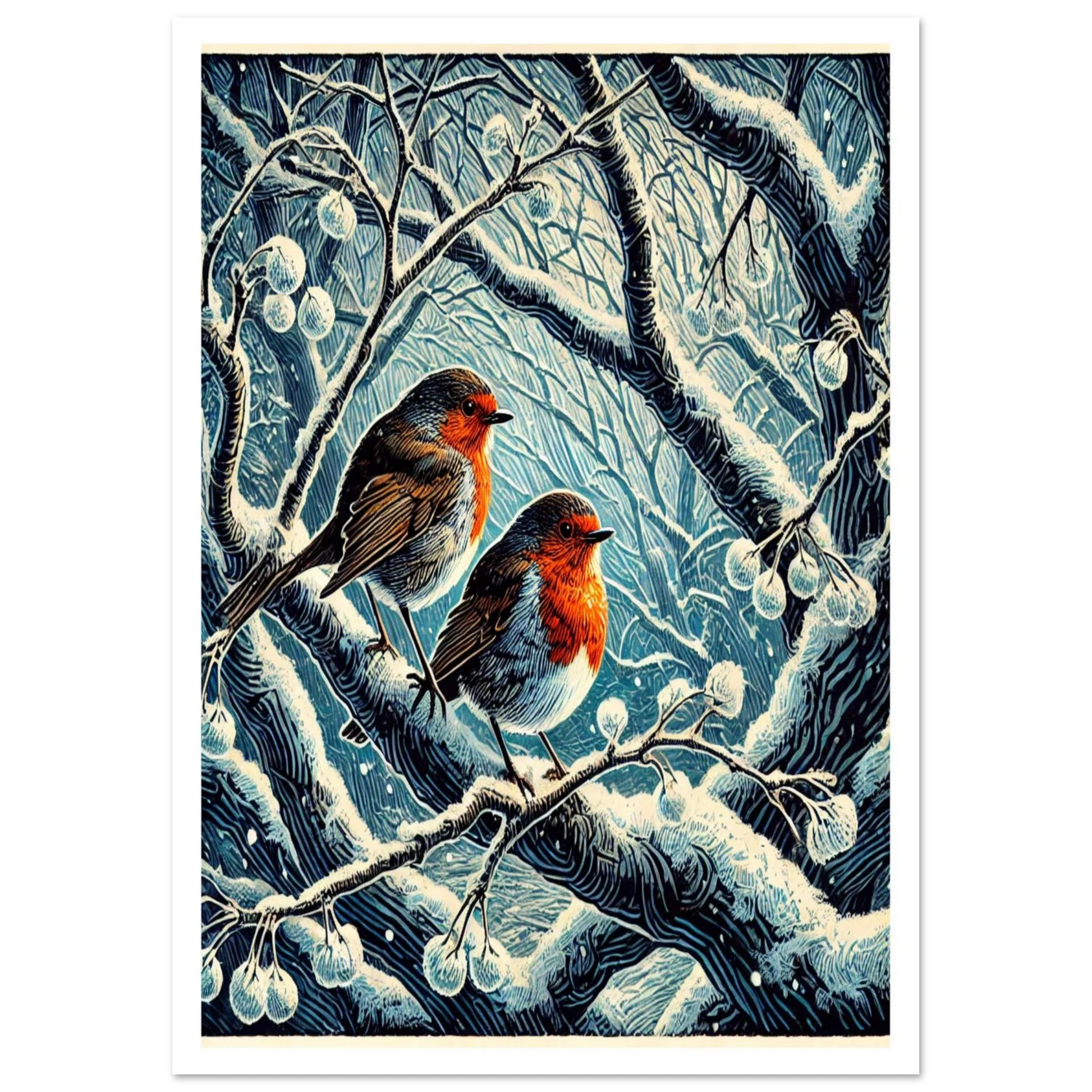 An atmospheric linocut-style print of two robins perched among frosted branches. Their vibrant red plumage stands out against the cool tones of a snowy woodland.