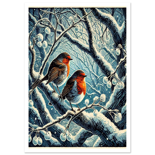 An atmospheric linocut-style print of two robins perched among frosted branches. Their vibrant red plumage stands out against the cool tones of a snowy woodland.