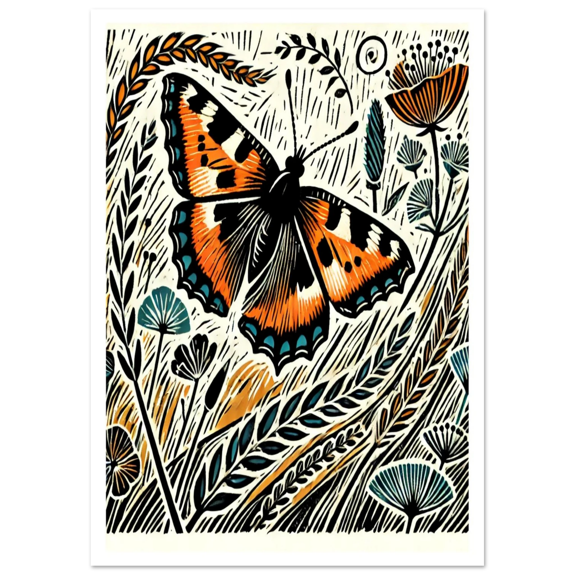 This lively linocut-style artwork captures the colourful Small Tortoiseshell, one of Britain’s most loved butterflies. Surrounded by meadow grasses and wild blooms,