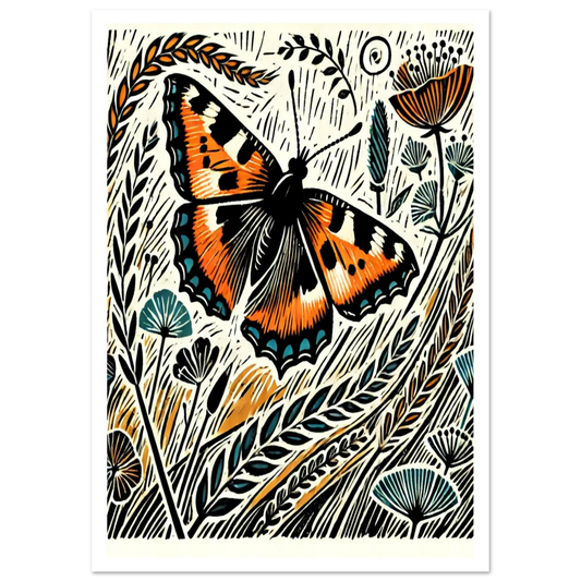 This lively linocut-style artwork captures the colourful Small Tortoiseshell, one of Britain’s most loved butterflies. Surrounded by meadow grasses and wild blooms,