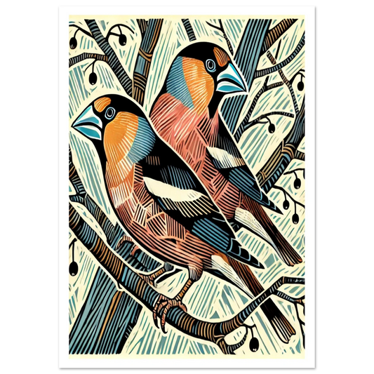 Rare and beautiful, the two Hawfinchs iare captured here in rich colour and fine detail. Perched among skeletal trees with hints of berries,