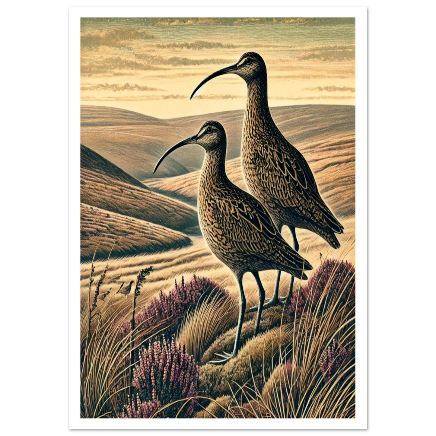 A detailed linocut-inspired print of two curlews standing in open moorland, evoking the wide spaces of the British uplands.