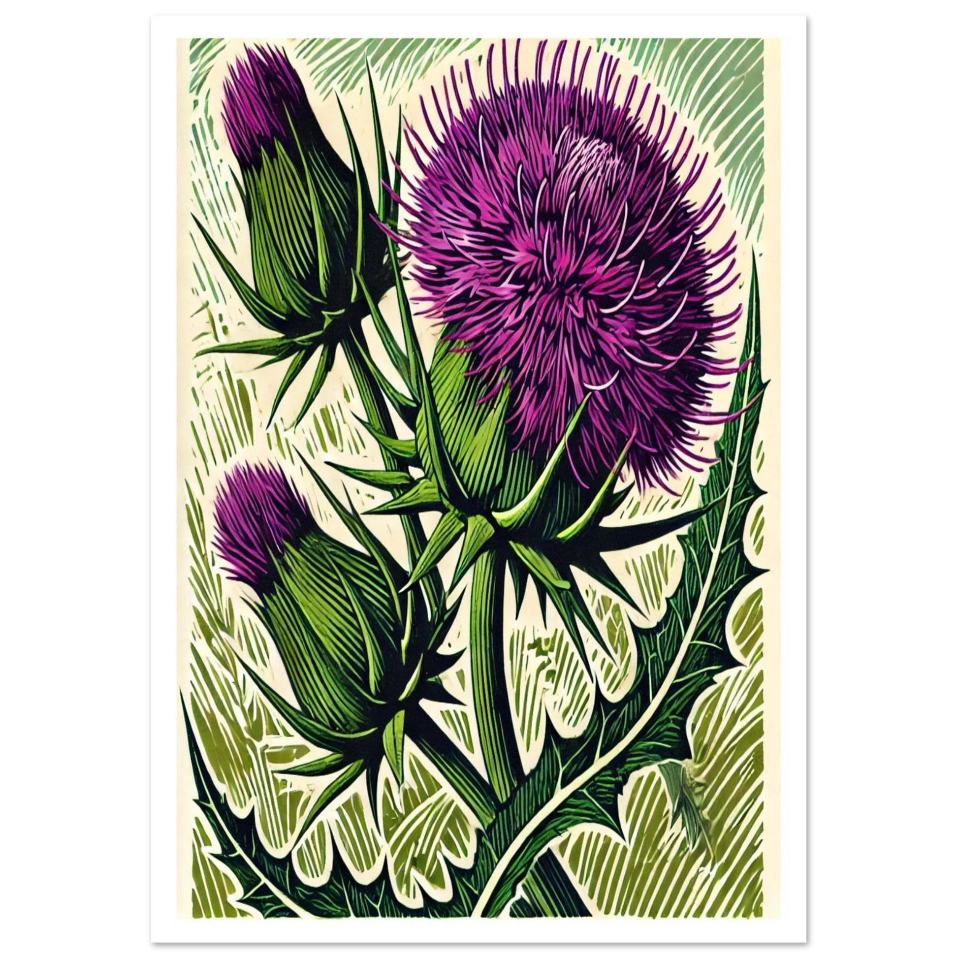 With vibrant textures and strong colour contrasts, this Thistle print captures the resilience and beauty of a plant long celebrated in folklore and symbolism