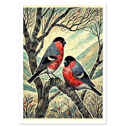 With their brilliant red plumage against soft winter skies, these two Bullfinches in a tree bring warmth and brightness to the coldest season.