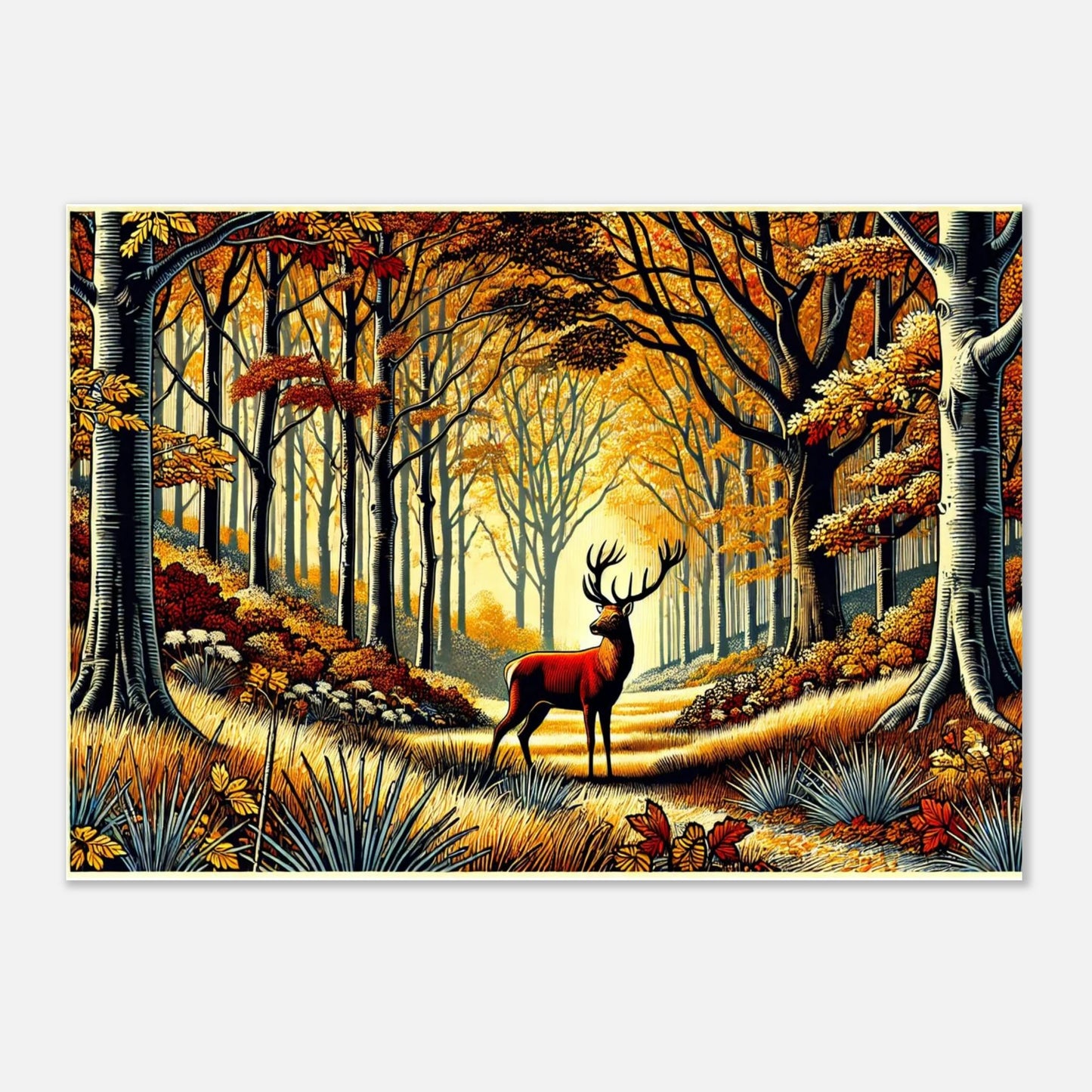 Red Deer in Autumn Forest shows a proud stag surrounded by golden foliage. In linocut-inspired style, 