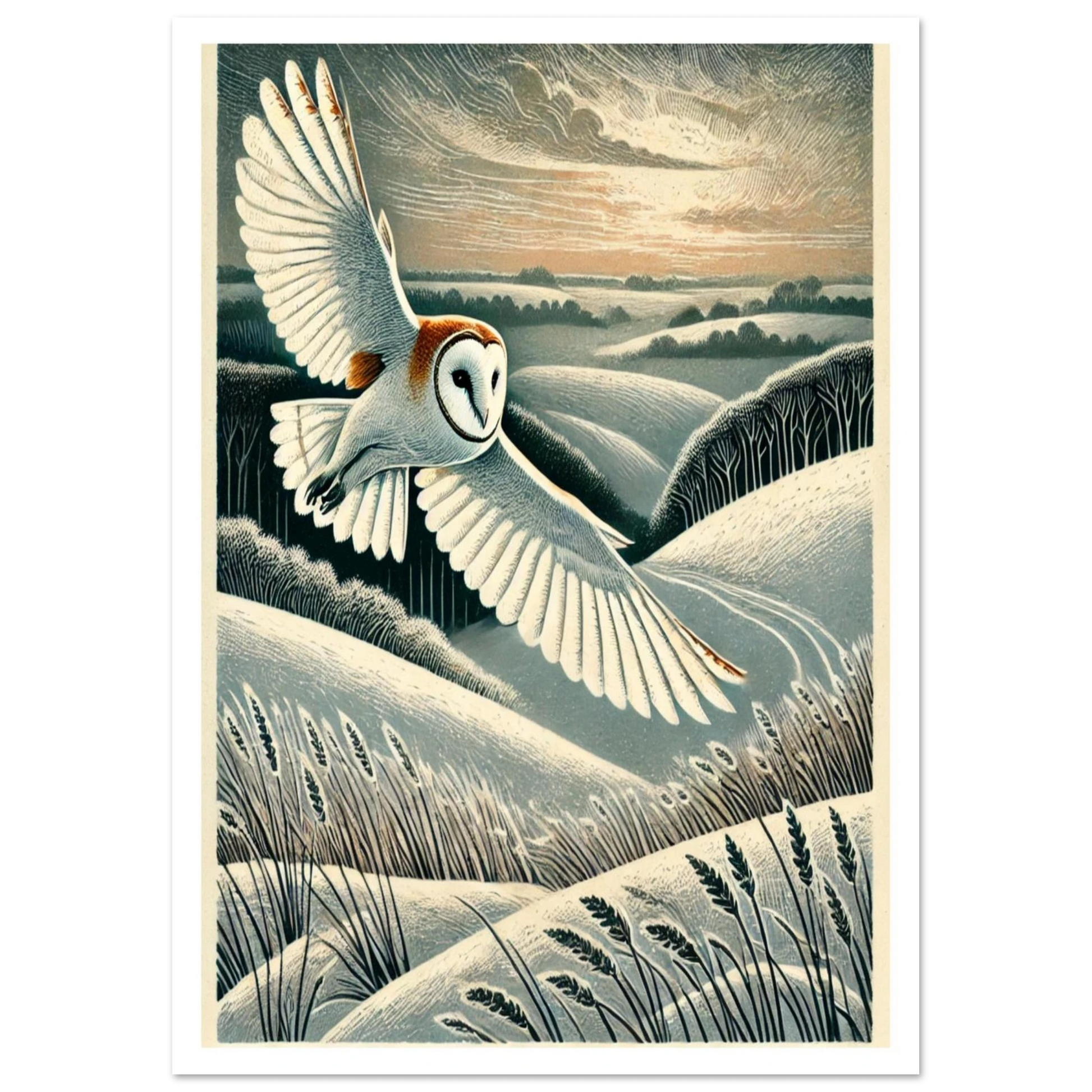 Linocut-style art print of a barn owl in flight across snowy hills at dusk. A graceful and timeless countryside scene.
