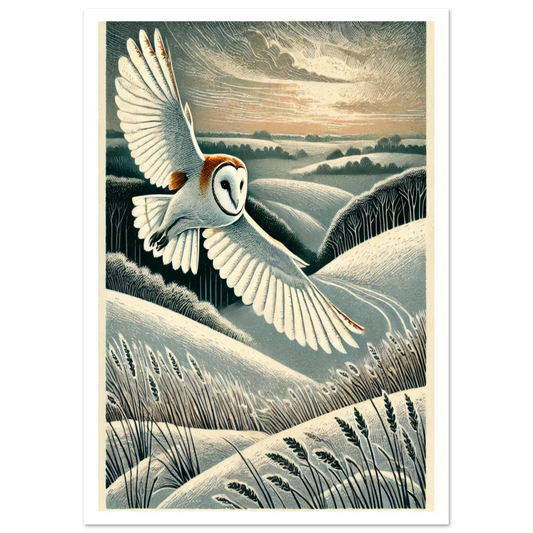 Linocut-style art print of a barn owl in flight across snowy hills at dusk. A graceful and timeless countryside scene.

