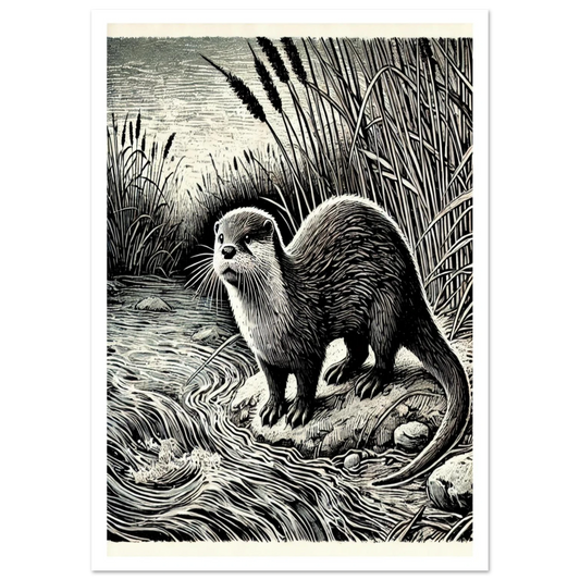 Otter by River in black and white lino cut stye