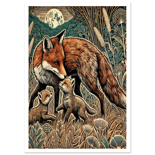 Fox Vixen with Cubs is a beautifully detailed wildlife print in linocut style. The mother fox, surrounded by her playful cubs, rests among wildflowers under the moonlight.