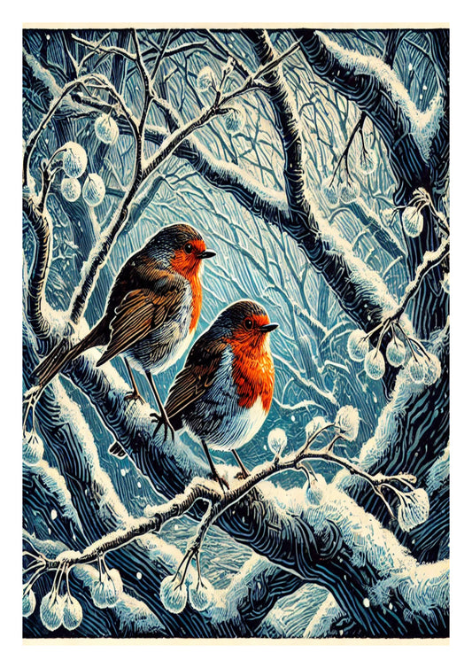 Two Robins in Snowy Tree