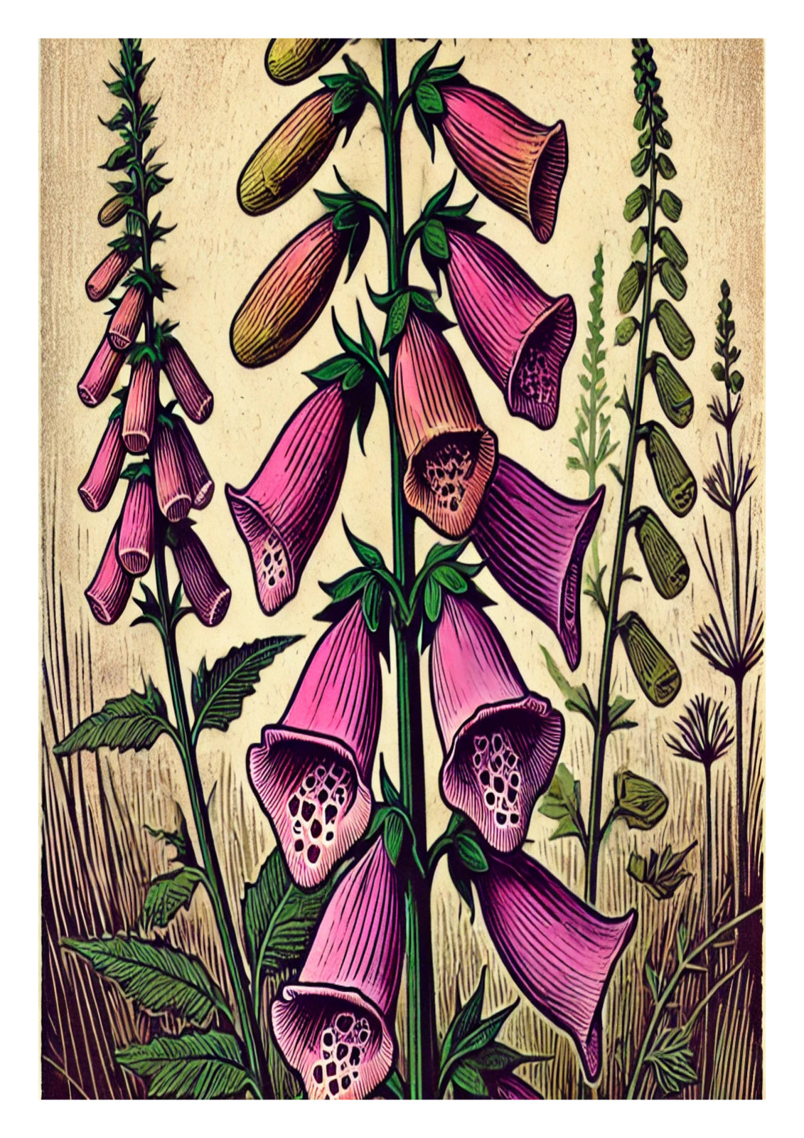 With striking colour and fine carved detail, this artwork celebrates the Foxglove, a classic flower of British woodlands and cottage gardens. Its towering presence and folklore associations make it a captivating piece for any collection