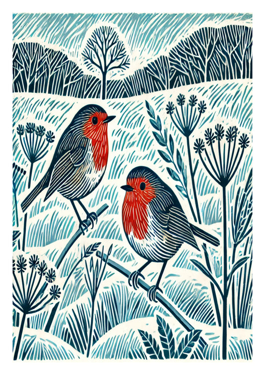 Two Robins in Snowy Landscape