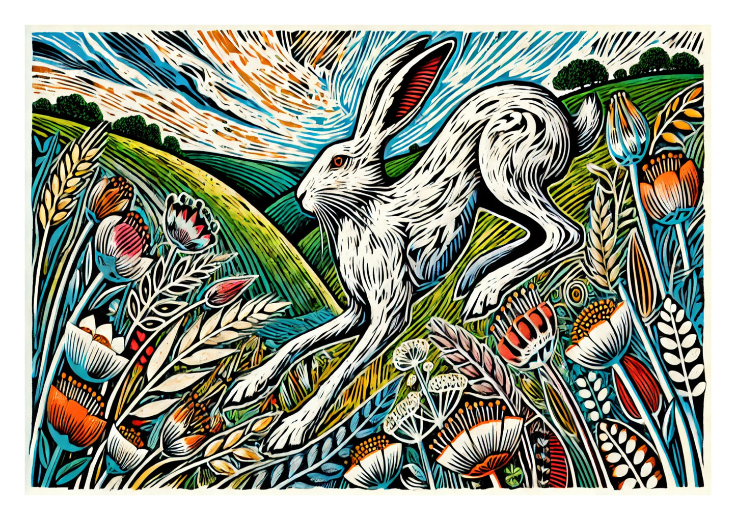 White Hare in Colourful Meadow
