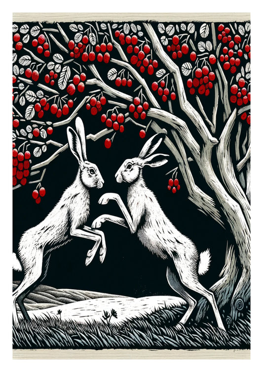White Hares Boxing in Moonlight