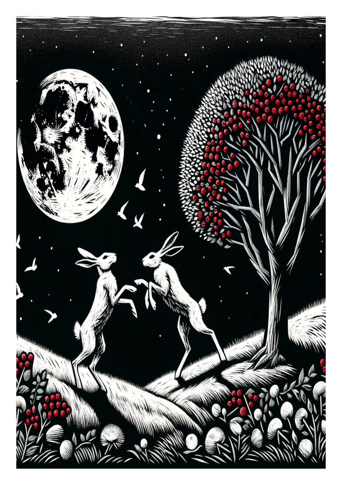 White Hares in Moonlight with Berries