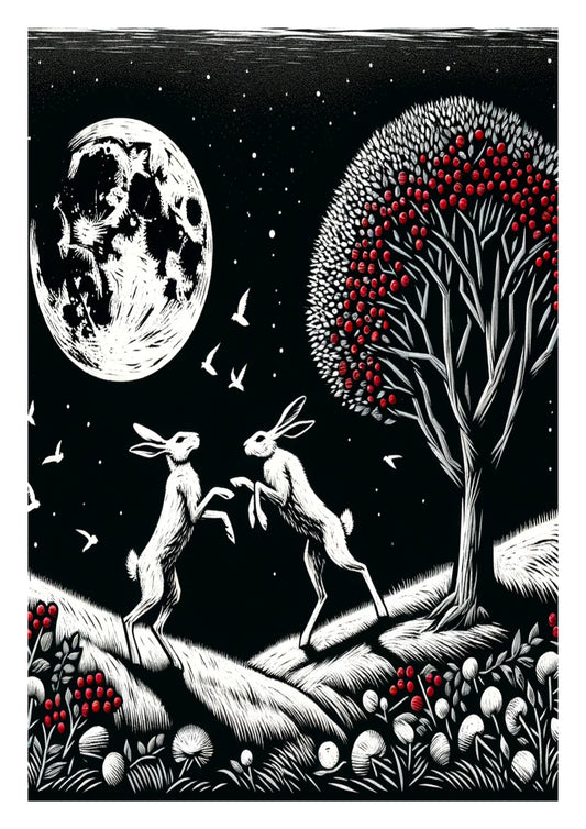 White Hares in Moonlight with Berries